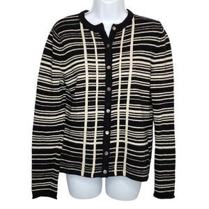 Vintage Deane & White Lambs Wool Cardigan Sweater Sz M Black Off White Stripe